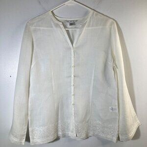Womens Petite Sophisticate Linen Button Shirt V Neck Embroidered Sheer White S